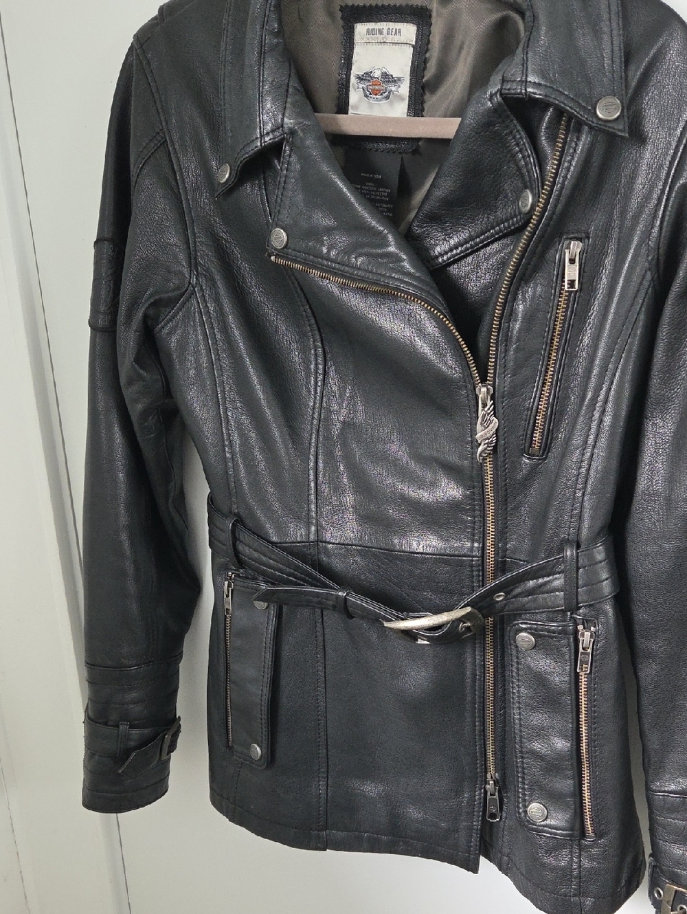 Womens Harley Davidson Black Leather Belted Dress Jacket